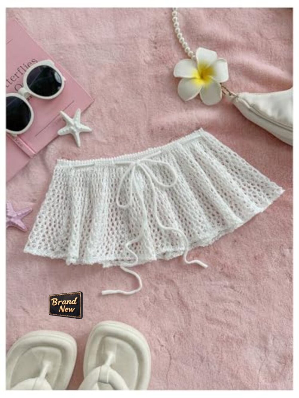 Crochet Mini Skirt Cover Up Tie Front Hollow Out Knit Beach Coverup - Picture 5 of 5